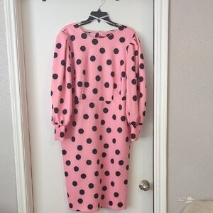 Eloquii Pink and Black Polka Dot Long Sleeve Dress
